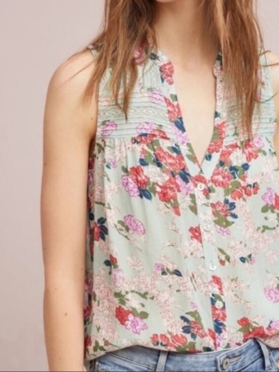 Anthropologie Tops - Anthropologie | Meadow Rue Floral Pintucked Top Green Size 4 Small NWT